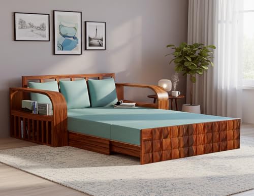Image of APRODZ Solid Sheesham Wood Sofa Cum Bed 3 Seater with Side Storage Velevt Fabric Cushions Perfect Sofa Furniture for Home Living Office Room and Guests (Honey Finish 75x69x30-Inch)