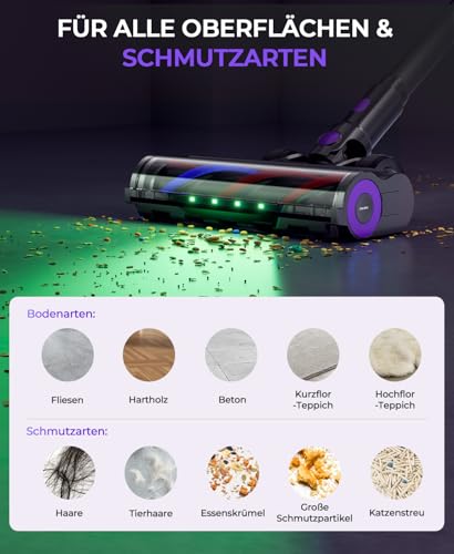 P9 Pro Akku Staubsauger Kabellos, 55KPA/580W/70Min Akkustaubsauger mit Intelligenter Anzeige und Anti-Verwicklungsbürste, Grünes LED-Licht, Leistungsstarker Staubsauger für Böden/Teppiche/Tierhaare - 2