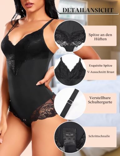 Shapewear Damen Bauchweg Body Shaper Stark Formend Sexy Spitze Bodysuit Formbody Shaping Body Formender V-Ausschnitt Miederbody Figurformender mit BH – Bild 3