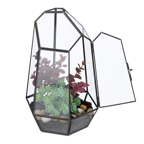 Relaxdays Pflanzenterrarium, Glas & Kupfer, 26x18x15 cm, Glaskasten Kakteen & Moos, geometrisch, Fensterbank, schwarz