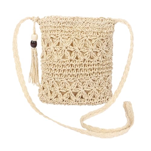 Moorle Strohtasche Damen, Strohtaschen Damen Boho Stil, Stroh Umhängetasche mit Quaste, Stroh Handtasche Crossbody Tasche für Sommer Urlaub Strand Reisen