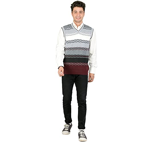 Image of Men Woolen V-Neck Printed Design Sleeveless Pullover Heavy Rainbow Fabric Winter Wear Pure Wool Cardigan Regular Coaty Fully Warm Heavy Pullover Cardigans Free Sizes