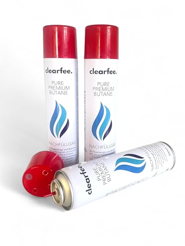 clearfee 3 Stück Feuerzeuggas 300 ml zum nachfüllen für Feuerzeugen, Flambierbrenner, 100% Reinheit, Nachfüllgas, Lighter Gas inkl. 3 Aufsätze
