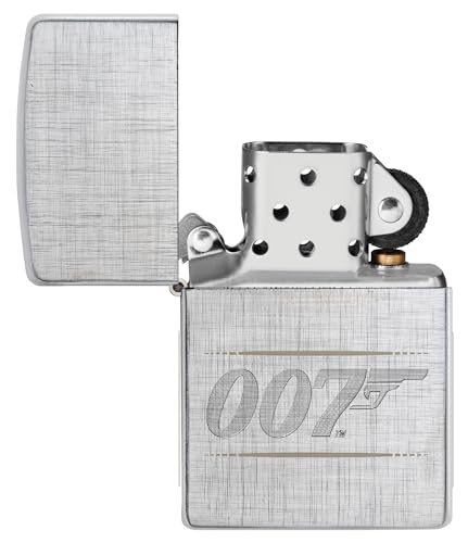 Image of Zippo Windproof Lighter, James Bond BT 007 Gun Logo Design - Linen Weave, Laser Engraving /Auto-Engraving - Refillable, Reusable, Windproof Design - Comes in Gift Box - Made in USA