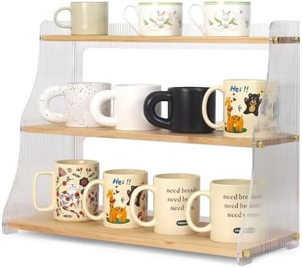 4-Tier Wooden Coffee Mug Holder - Cup Display Organizer For Kitchen Countertop