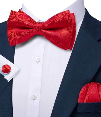 Image of Barry.Wang Paisley Striped Bow Tie for Men Silk Pre-Tied Bowtie Pocket Square Cufflinks Set Formal Wedding Party Prom