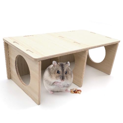 DiiWmme 3 Chamber Hamster Hide, Wooden Small Animal Shelter and Exploration Platform, Natural Hamster House for Hamsters, Guinea Pigs, Rats, Gerbils, Chinchillas, Indoor Habitat Décor Hideout Toy