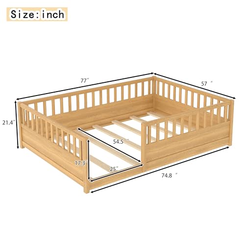 Image of Kids Montessori Floor Bed,Full Size Floor Bed with High Fence and Door,Full Bed Frame with Guardrails for Kids,Girls,Boys,Full,Natural
