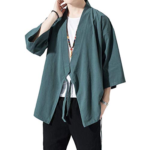 Image of PRIJOUHE Men's Kimono Jackets Cardigan Lightweight Casual Cotton Blends Linen Seven Sleeves Open Front Coat Outwear