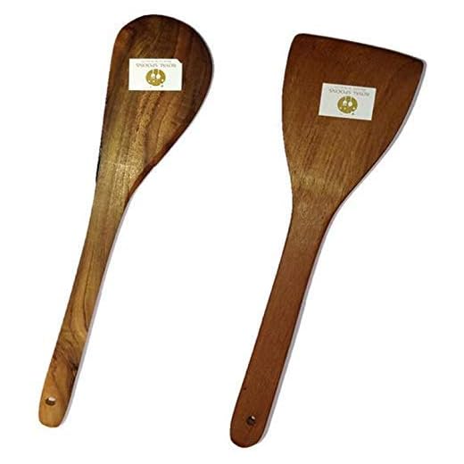 Royals Dosa Roti Spatula Set of 2 - Genuine Teak Wood Cooking Spatulas Ladles (Wooden Spoons for Pan) Nonstick