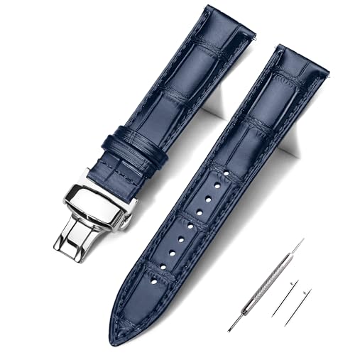 EACHE 20mm Leather Watch Bands for Men Quick Release Classical Alligator Design Leather Watch Strap Navy Blue With Silver Butterfly Deployment Clasp