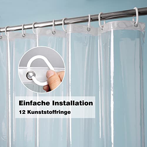 EurCross Transparent Duschvorhang 180x200 mit 5 Magnete Unten für Badewanne, Antischimmel Wasserdicht Duschvorhänge, Plastik PEVA Badvorhang für Badezimmer mit 12 Haken