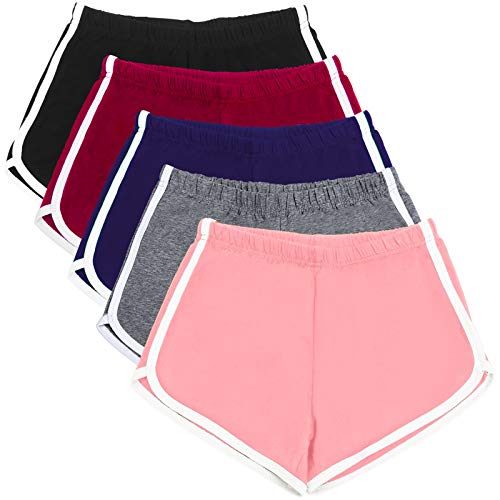URATOT 5 Pack Women s Cotton Yoga Dance Short Pants Sport Shorts Summer Athletic Cycling Hiking Sports Shorts (Large, Black,Dark Gray,Navy,Burgundy,Pink, l)