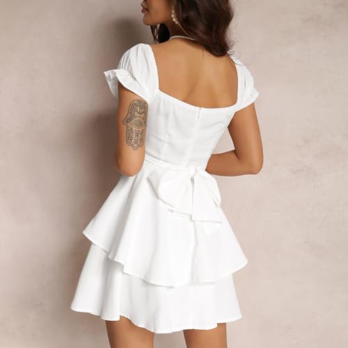 Image of Women Summer Boho Ruffle Short Dress Square Neck Layered Flowy Swing Solid Color Casaul Sun Beach Mini Dresses