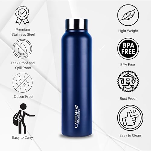 Image of Caspian Astra Stainless Steel Water Bottle 1 ltr (Litre) for Fridge, Home, Office, School, Gym-Ideal for Adults, Men, Women, Kids, Boys, Girls-1000ml Leakproof, Rust free, Set of 2, PR Blue & F Green