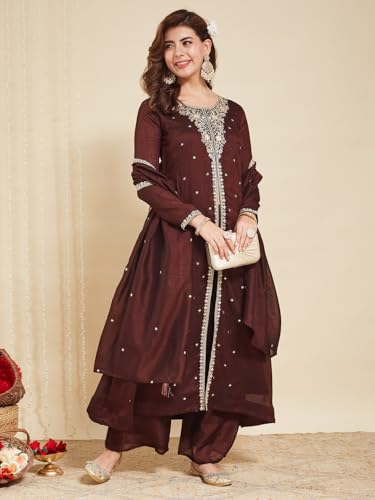 Image of MOKOSH Women's Silk Embroidery Anarkali Kurta Pant with Dupatta | Anarkali Kurta Set | Round Neck Full Sleeve Ethnic Suit | Indian Kurta Outfit with Pant | 3 Piece Outfit