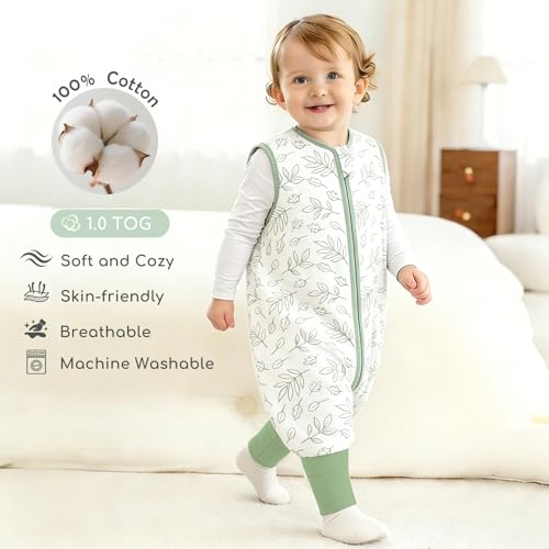 Image of Chilsuessy Toddler Sleep Sack with Feet 6-18 Months, 0.5 TOG Cotton Baby Wearable Blanket with Legs, Sleep Bag Walker with 2-Way Zipper, White Leaf
