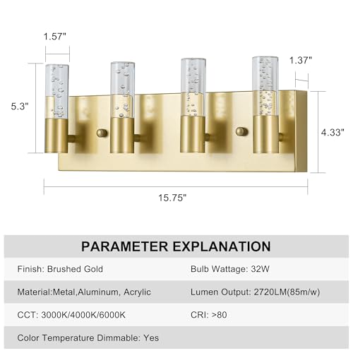 Image of Bathroom Vanity Light Fixtures Over Mirror Brushed Golden Finish Coating, 4 Light Vanity Lights, Wall Sconces Fixture Vanity Lighting for Bathroom