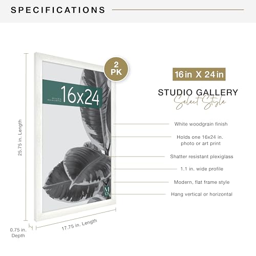 MCS Studio Gallery 16x24 Poster Frame White Woodgrain, Vertical & Horizontal Wall Hanging Large Picture Frame for Photos, Posters & Art Prints (2-Pack)