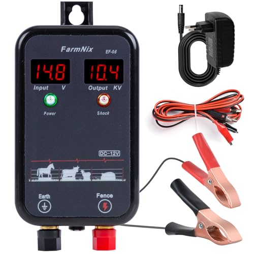 8KM Pastor Electrico ,1.0 Joule 12V, Cerca Eléctrica Controlador LED digital, Para protección animales pequeños, aves de corral y mascotas, para jardines, granjas y pasto (Black)