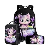 Wnbucioht Personalisiertes Schultaschen-Set für Kinder, Jungen, Mädchen, Rucksack und Lunchbox, Federmäppchen, 3-in-1-Büchertaschen-Set, Himmel süße Katze, Einheitsgröße, Schulranzen-Set