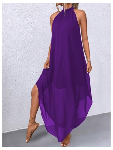 Image of Verdusa Women's Wedding Guest Dress Halter Flowy Chiffon Long Dresses | Cocktail Dress, Asymmetrical Dress for Women, Sleeveless, Prom Dress, Cruise Outfits, Boho