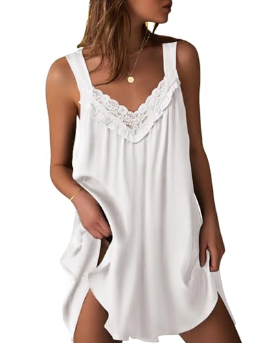 Ekouaer Women's Satin Silk Nightgown V Neck Sexy Nightdress Tank Sleeveless Sleepshirt Lace Sleep Dress Nightwear White XXXL