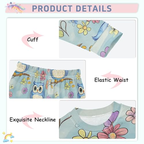 Fustylead Cute Cartoon Blue Owl on Branch with Flowers Pajamas Cotton Sleepover PJ Set Long Sleeve Lounge Wear4