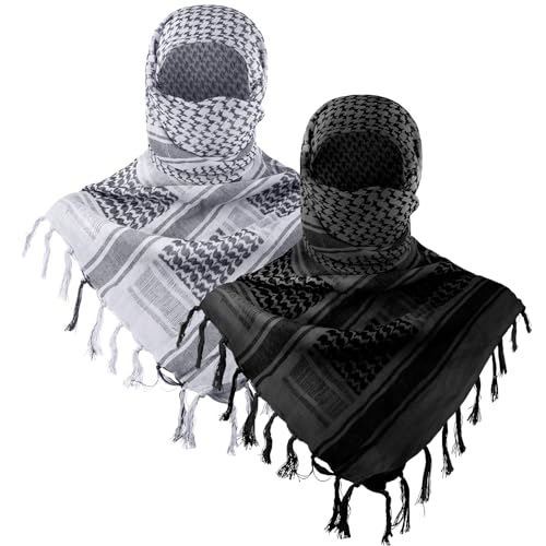 Aonal Military Shemagh Tactical Desert Scarf, 100% Cotton Keffiyeh Neck Head Scarf Wrap for Men Women,X-White & Black(2 pcs)