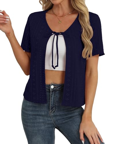 Image of Womens Tie Front Cardigan Lightweight Short Sleeve Cardigans for Women Trendy Open Front