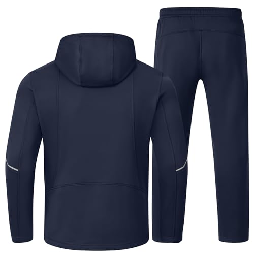 BGOWATU Men's Tracksuits Set Fleece Lined Jacket Hoodie Sweatsuit Running Sport Pants Jogging Suits with Zipper Pockets Navy L