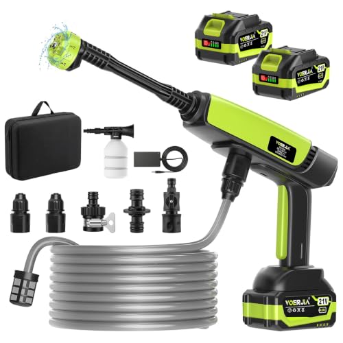 VOERJIA Hidrolimpiadora de Alta Presión a Batería 1000 PSI, Pistola de Agua Inalámbrica con 2 Baterías 4.0Ah (LED), Boquilla 6 en 1 para Lavado de Coche, Fachadas y Riego de Jardín