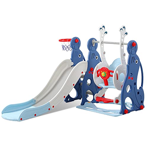 X IANGYU 3 in 1 Toddler Climber and Swing Set, Kids Play Climber Slide Playset with Basketball Hoop, Extra Long Slide and Ball, Safety Belt, Baby Playset for Indoor Outdoor Backyard