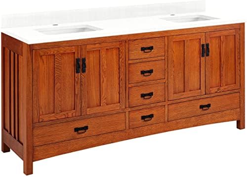 Signature Hardware 484191 Maybeck 72" Free Standing Double Basin Vanity Set with Cabinet and Marble Vanity Top - Tinted Oak/Feathered White