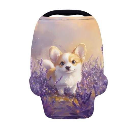Image of Breathable Car Seat Cover for Babies - Multi-Purpose Soft Nursing Cover for Breastfeeding, High Stretchy Stroller Cover, Cute Corgi Tulip