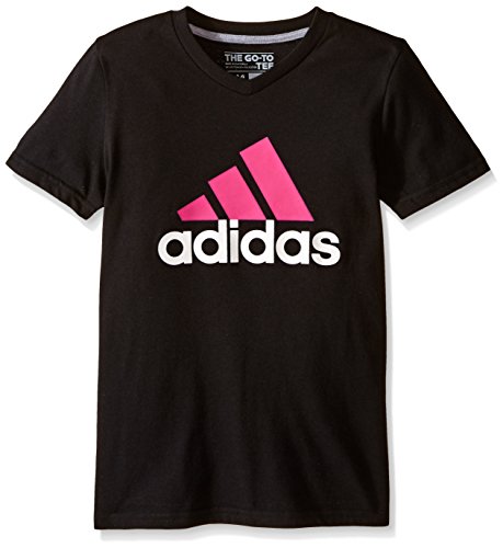 adidas Big Girls' Logo Short Sleeve Tee, Black/Shock Pink, Medium/10-12