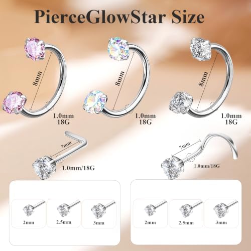 PierceGlowStar 18G CZ Horseshoe Nose Studs Rings for Women men