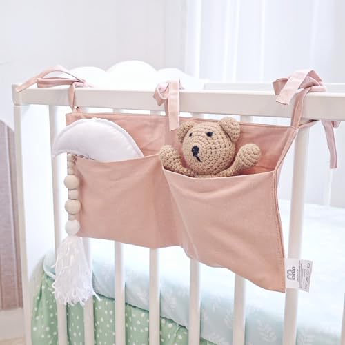 MOVEBO Baby Bedside Bag - 2 Pockets Crib Organizer Hanging for Crib,5 Colors Selection -Baby Toys Storage High-Capacity Baby Hanging Organizer (Pink)