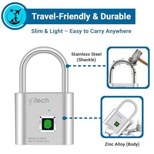Image of IFITech Smart Fingerprint Padlock, Biometric Keyless Lock with 20 Fingerprint Storage, Rechargeable | Ideal for Personal Spaces and Travel Needs (Small-Silver)