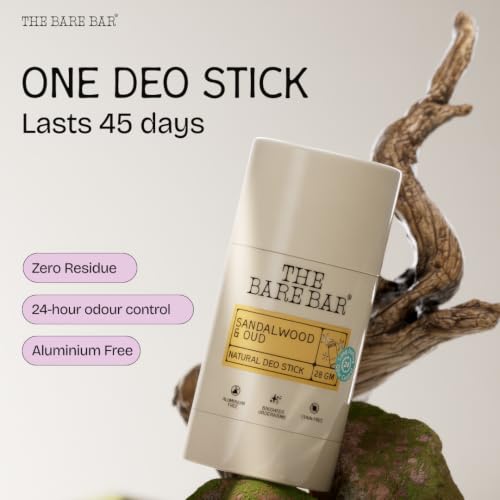 Image of The Bare Bar Sandalwood & Oud Natural Deodorant Stick 28g | Up to 24-Hour Odour Control | Long-Lasting Freshness | Aluminium-Free, Baking Soda-Free | No White Marks, No Staining | For Men & Women