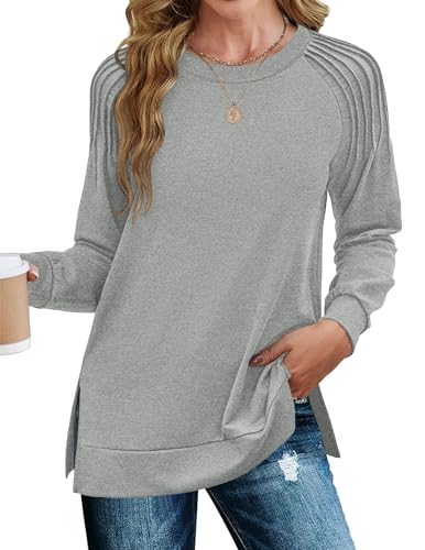 Image of Zeagoo Womens Fall Tops Fashion 2025 Long Sleeve Blouse Shirts Women Casual Cotton Tunic Shirts Pleated Sleeve Light-Grey