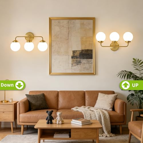 Image of Bathroom Light Fixtures 18.26in 3Light Brushed Gold Vanity Light for Mirror | Bathroom Lighting Fixtures over Mirror, ETL, Brushed Brass Wall Sconce, Dimmable E12 Base Max 60W, Milky Glass Ball Shades
