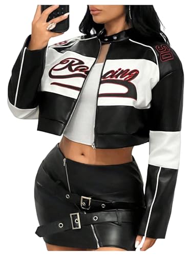 SOLY HUX Women's Faux Leather Zip Up Crop Jackets Graphic Long Sleeve Shirts Motorcycle Outerwear Black and White Medium
