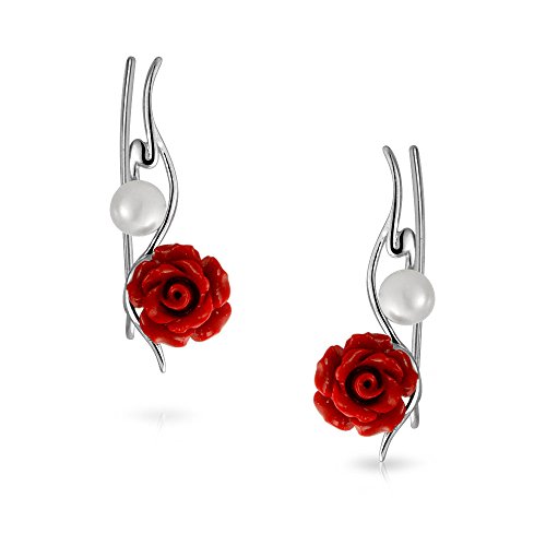 Trendy 3D Red Rose Flower White Freshwater Cultured Pearl Wire Ear Pin Climbers Crawlers Earrings For Women .925 Sterling Silver #TOP1