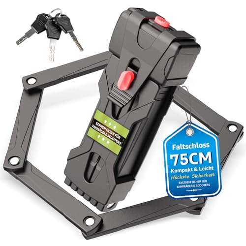 INTEKIN Faltschloss Fahrrad - 75cm lang Fahrradschloss Faltschloss mit Stahlgliedern- Kompaktes Fahrradschloss Hohe Sicherheit mit Halterung, 3 Schlüssel