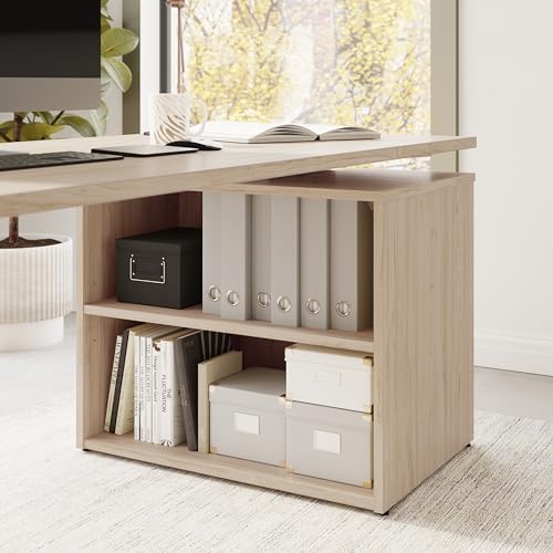 Image of Bush Business Furniture 72-inch Electric Height Adjustable Standing Desk with Bookcase, Ergonomic Sit-Stand Computer Table for Office, Stratus Collection, Natural Elm with White Base