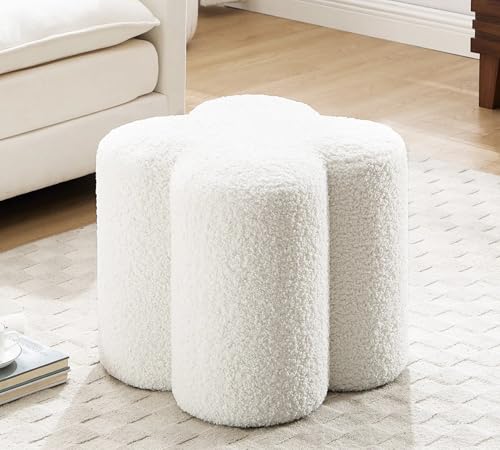 Image of Zesthouse Flower Pouf Ottoman Foot Rest, Sherpa Fabric Poofy Ottoman Footstool for Couch, Modern Living Room Stool Seat, Cute Square Vanity Stool for Bedroom Dorm, White