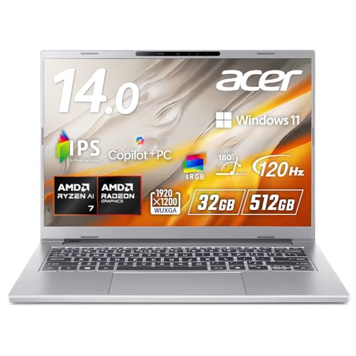 Acer Aspire 14 AI 32GBメモリー 512GB SSD 14インチ WUXGA 16:10 IPS 非光沢 AMD Ryzen AI 7 350 120Hz sRGB 100% アルミニウム合金 180°ヒンジ 18.5時間駆動 1.27