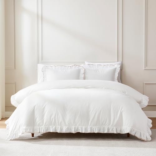 Image of Lush Decor - Duvet Cover Set, 3-Piece Cotton Bedding with Matching Shams, Contrast Edge & Stylish Border (Reyna Off-White /Neutral, Full /Queen)