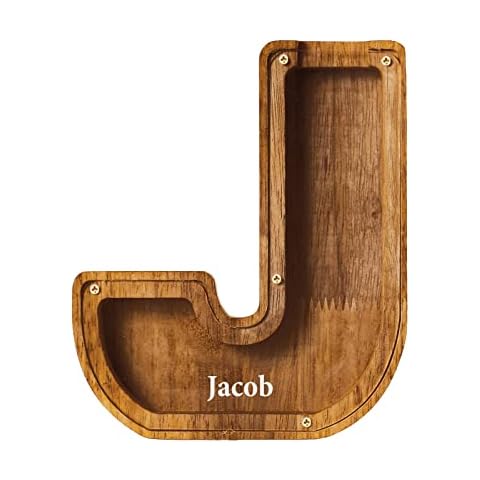 Personalized Letters Wooden Piggy Bank for Boys and Girls, A-Z Letters Coin Bank Money Box with Clear Alphabet Stickers, Money Saving Bank For Family Christmas Birthday Gift Home DIY Decoration Cover